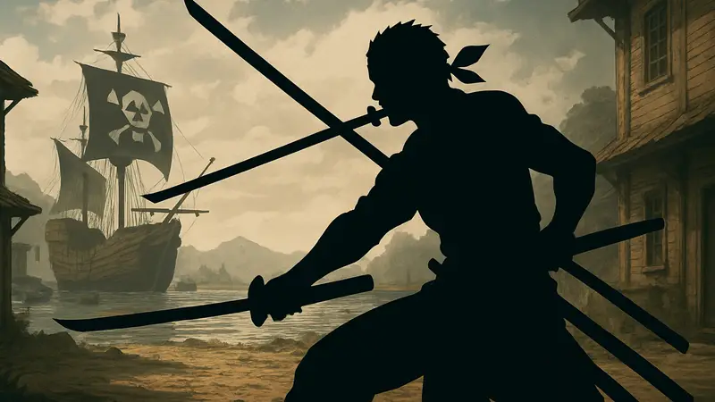 Ророноа Зоро из One Piece с тремя мечами, готовый к бою.