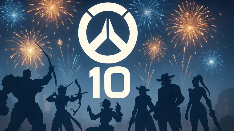Логотип Overwatch 10-летний юбилей с персонажами игры, фейерверки