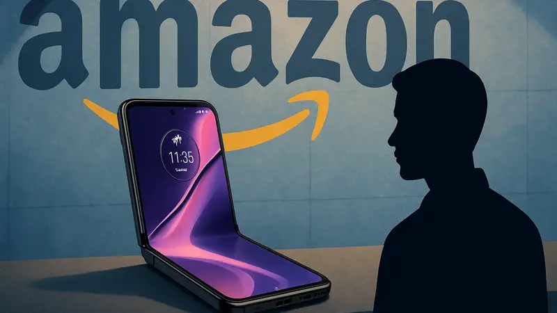 Складной смартфон Motorola Razr Ultra в открытом виде на фоне логотипа Amazon