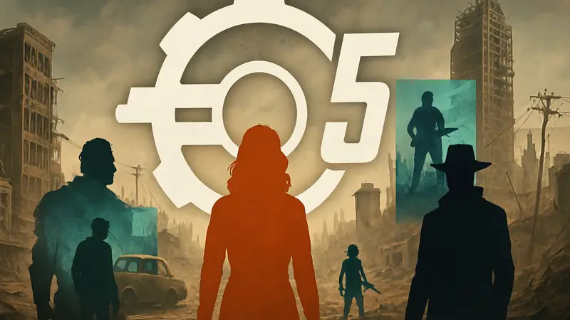 Логотип Fallout 5 на фоне разрушенного мира и кадров из сериала Amazon Prime, символизирующий будущее франшизы.