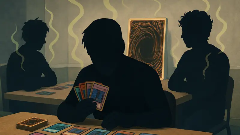 Карточная игра Yu-Gi-Oh с силуэтами игроков, вокруг которых символически изображен неприятный запах