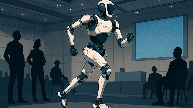 Гуманоидный робот Agility Robotics в движении на фоне технологического конференц-зала.