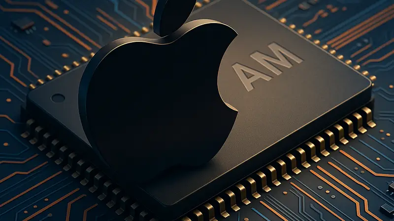 Логотип Apple на фоне микросхемы памяти DRAM, символизирующий проблему с поставками