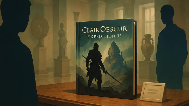 Артбук Clair Obscur: Expedition 33 на столе в музее, рядом с табличкой, указывающей на его ценность.