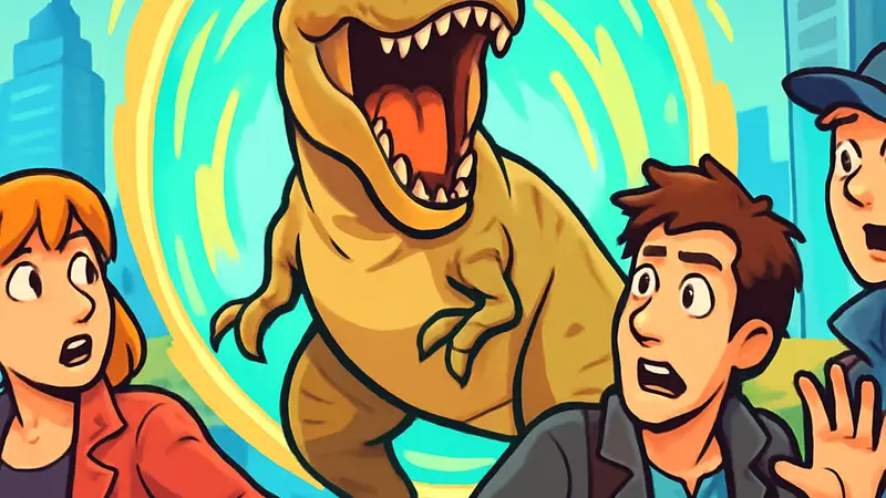 Кадр из сериала Primeval с динозавром, появляющимся из портала, на фоне современного города и персонажей.