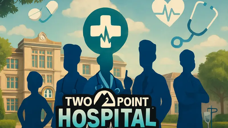 Обложка Two Point Hospital: Full Health Collection с символикой больницы, персонажами и медицинскими элементами.