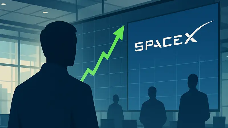 График роста акций SpaceX на бирже, логотип компании.