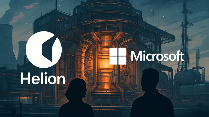 Логотипы Helion и Microsoft на фоне футуристической термоядерной электростанции