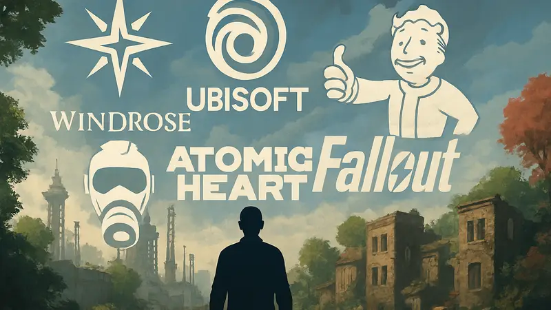 Обзор игровой индустрии, логотипы Ubisoft, Atomic Heart, Fallout и Windrose на фоне