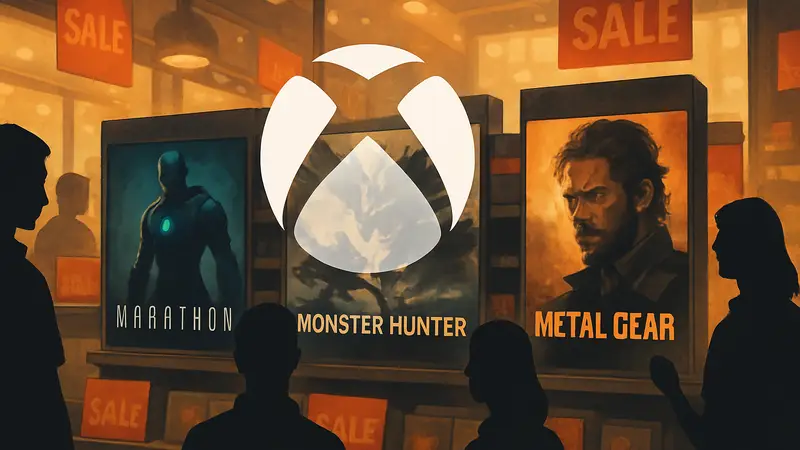 Логотип Xbox и обложки игр Marathon, Monster Hunter, Metal Gear на фоне распродажи Golden Week 2026.