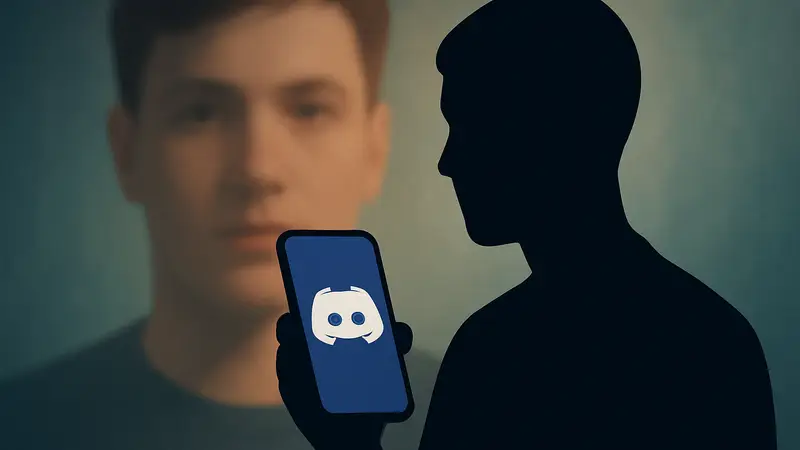 Логотип Discord на экране смартфона, на фоне которого размыто видно лицо пользователя.