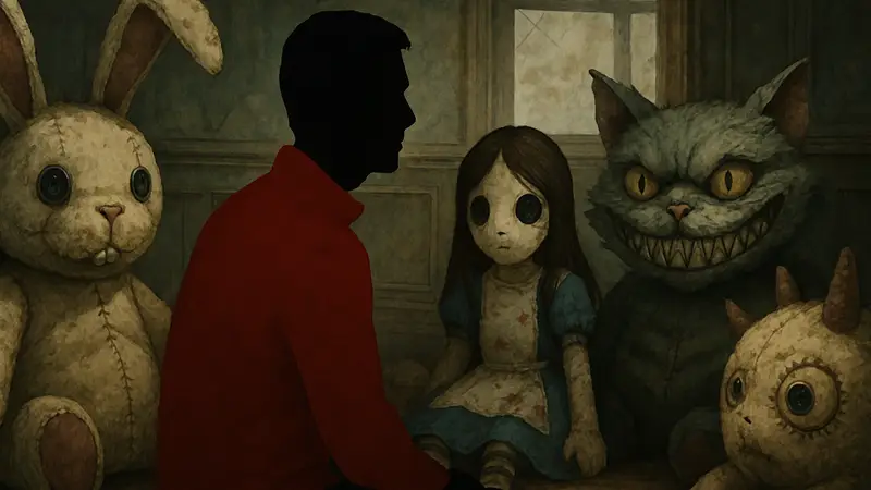 Американ МакГи среди плюшевых игрушек, напоминающих персонажей из Alice: Madness Returns.