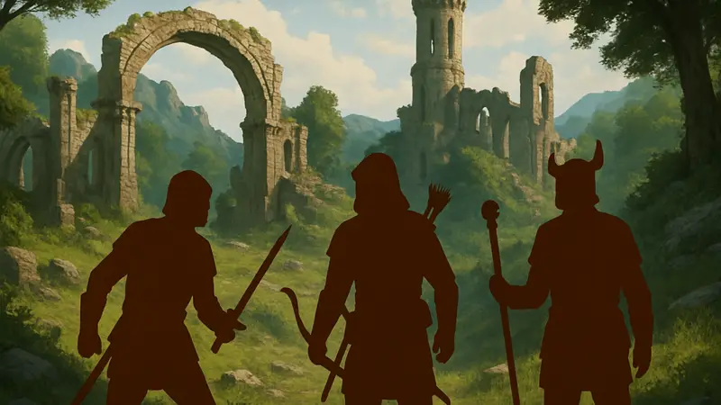 Игроки в мультиплеере исследуют мир Oblivion на фоне руин, крупный план персонажей.