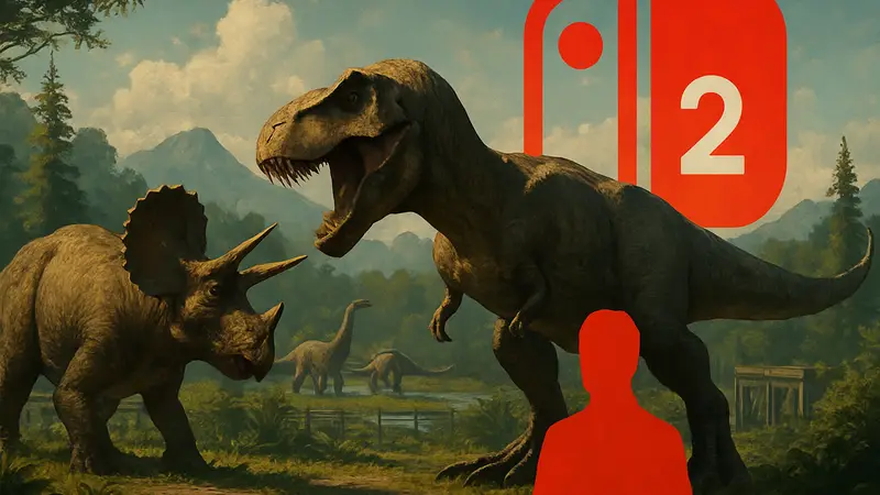 Динозавры в парке из игры Jurassic World Evolution 2: Complete Edition на фоне логотипа Nintendo Switch 2