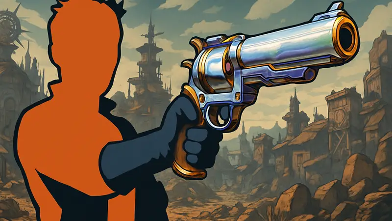 Игрок держит мощный пистолет Pearlescent Handcannon, демонстрируя его характеристики в Borderlands 4.