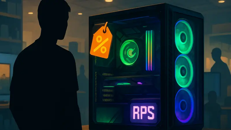 Игровой ПК с подсветкой и логотипом Rock Paper Shotgun, символизирующий скидки на железо