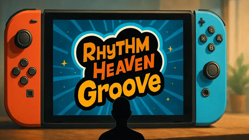 Логотип игры Rhythm Heaven Groove на фоне консоли Nintendo Switch.