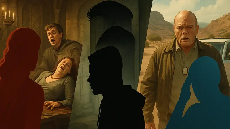 Коллаж из кадров шокирующих сюжетных поворотов популярных ТВ-сериалов: Красная свадьба, Мистер Робот, Хэнк из Во все тяжкие.