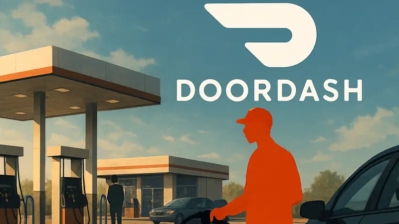 Логотип DoorDash на фоне заправочной станции, символизирующий компенсации водителям за бензин