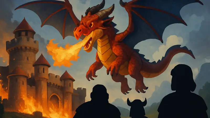 Драконий Герцог, новый герой Clash of Clans, парит над крепостью в огненном обновлении.