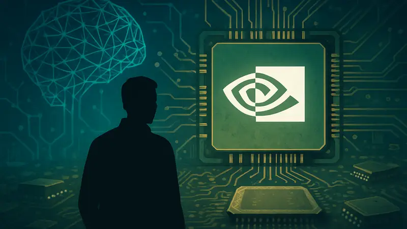 Логотип Nvidia с элементами, символизирующими искусственный интеллект и чипы.