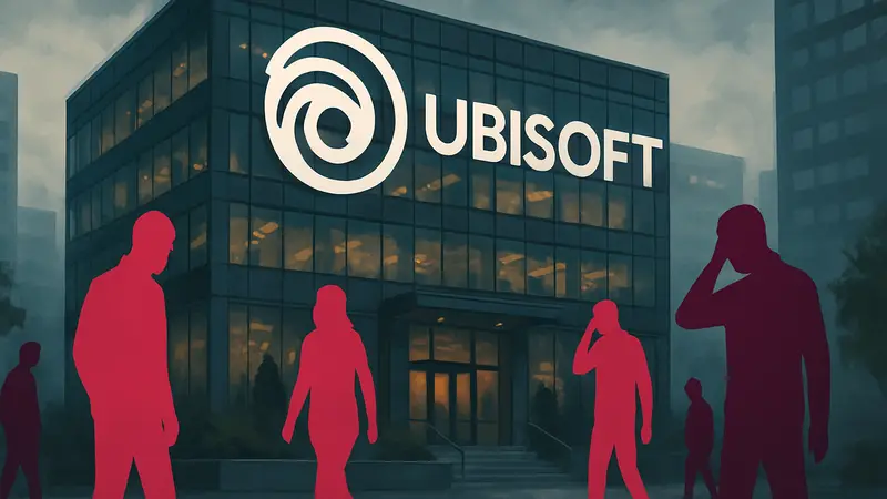 Логотип Ubisoft на фоне изображения офисного здания, символизирующий закрытие студий и увольнения.