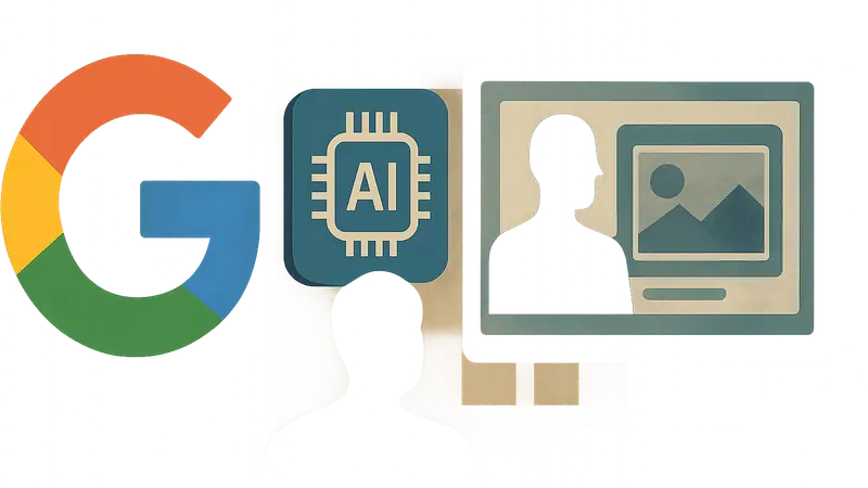 Логотип Google рядом с иконкой ИИ и рекламным баннером, показывающим прозрачность создания контента.