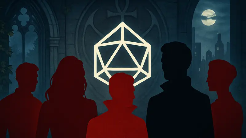 Логотип Dimension 20 на фоне символики Vampire: The Masquerade, изображающий вампиров или игроков.