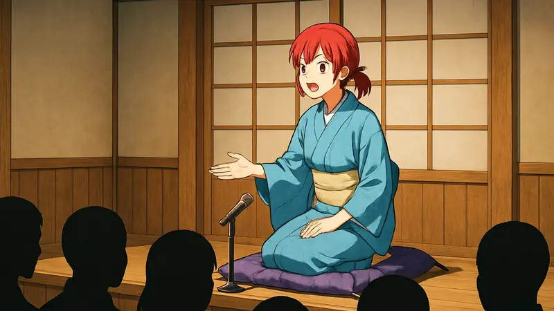 Иллюстрация из манги Akane-banashi, изображающая Аканэ, выступающую с ракуго перед публикой.