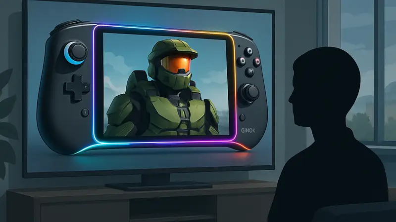 Портативный игровой ПК Ayaneo Strix Halo с подсветкой на большом экране.