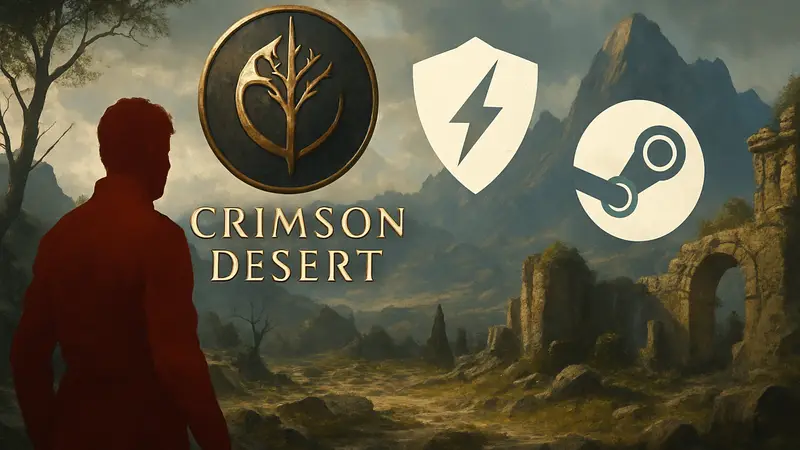 Логотип Crimson Desert, символ Denuvo DRM и иконка Steam