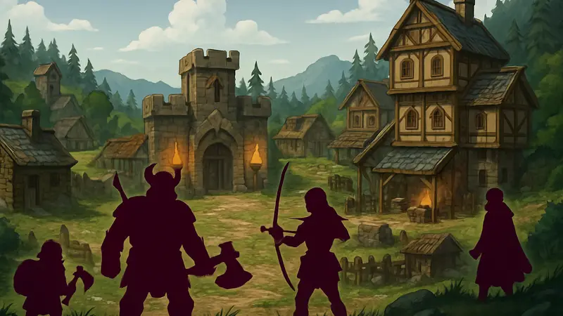 Скриншот или арт из Regions of Ruin: Runegate, показывающий 2D-город и героев