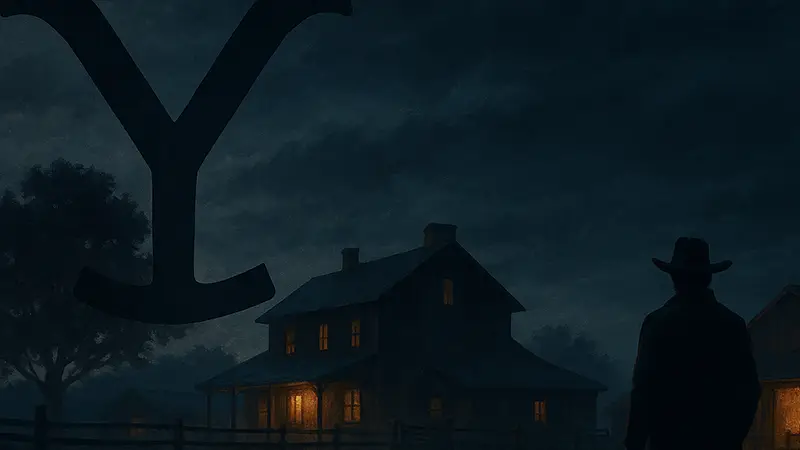 Логотип сериала «Йеллоустоун 6666» на фоне ранчо в Техасе, с загадочным настроением