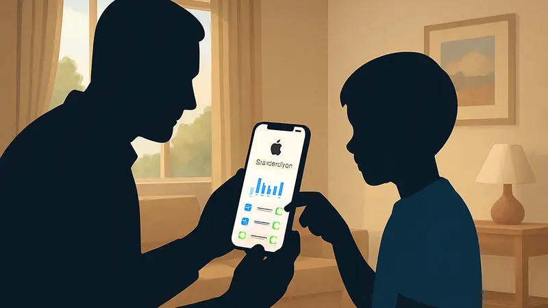 Родительский контроль Apple на iPhone: руки взрослого и ребенка, управляющие настройками Screen Time.
