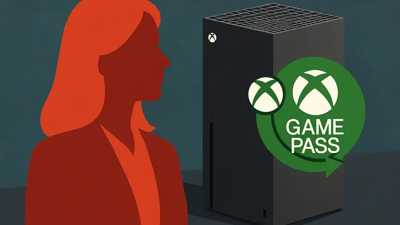 Сара Бонд, руководитель Xbox, и логотип Xbox Game Pass на фоне консоли Xbox Series X.