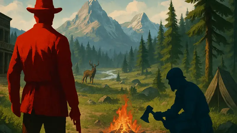 Изображение, сочетающее эстетику дикого запада Red Dead Redemption 2 и выживания Valheim.