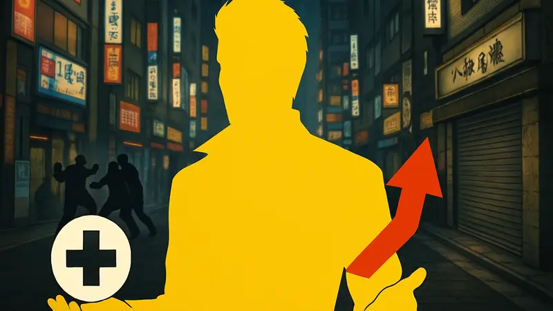 Персонаж из Yakuza Kiwami 3 на фоне боевой сцены, демонстрирующий прокачку здоровья и уро на.