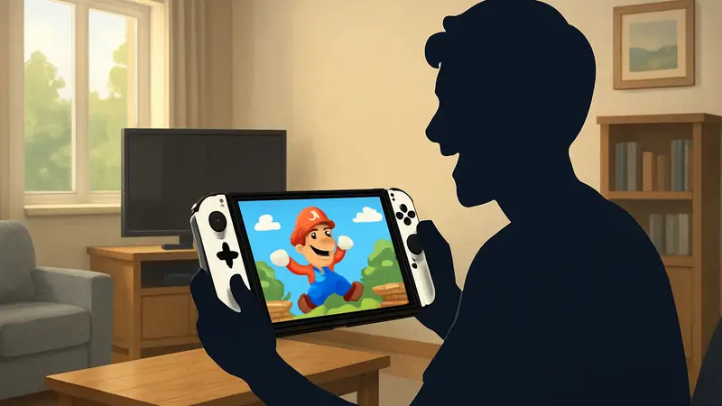 Игрок радостно запускает новую бесплатную игру на своей портативной консоли Nintendo Switch 2.