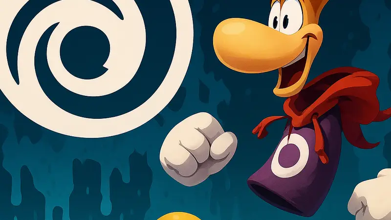 Персонаж Rayman на фоне логотипа Ubisoft, анонс новой игры Rayman утечка