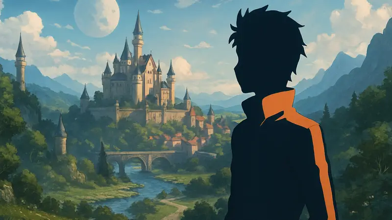 Изображение главного героя Субару из аниме Re:Zero на фоне фэнтезийного мира