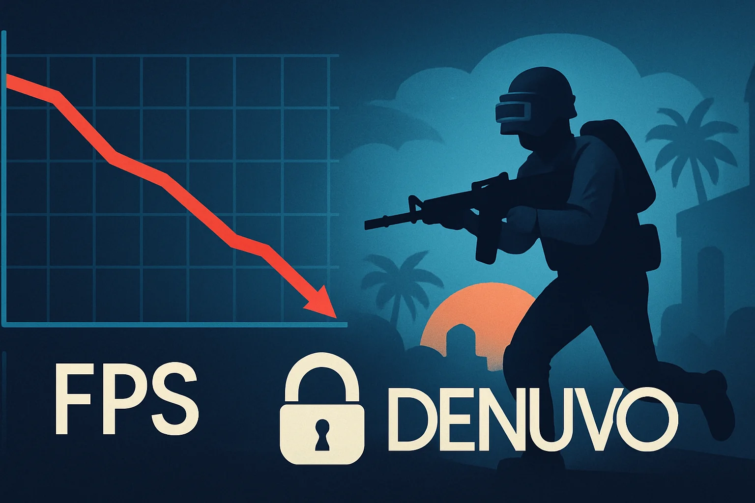 Схематичное изображение влияния Denuvo на производительность игры, с графиком FPS и логотипом Denuvo.