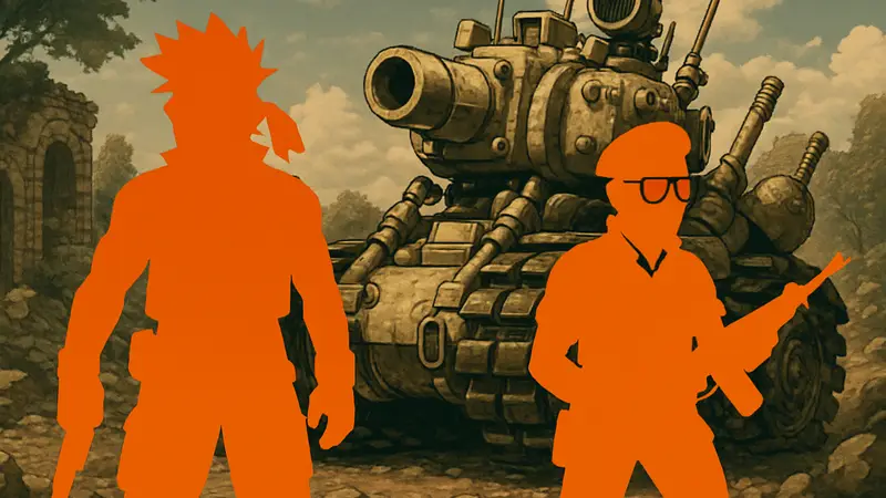 Пиксельный арт персонажей Metal Slug, Сержанта Марко Росси и Капрала Тармы Ровинга, на фоне танка Super Vehicle-001.