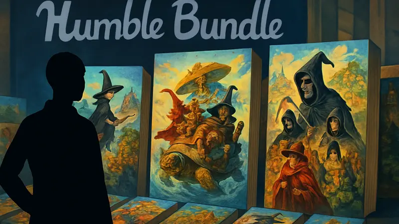 Обложки книг Терри Пратчетта «Плоский мир» на фоне Humble Bundle