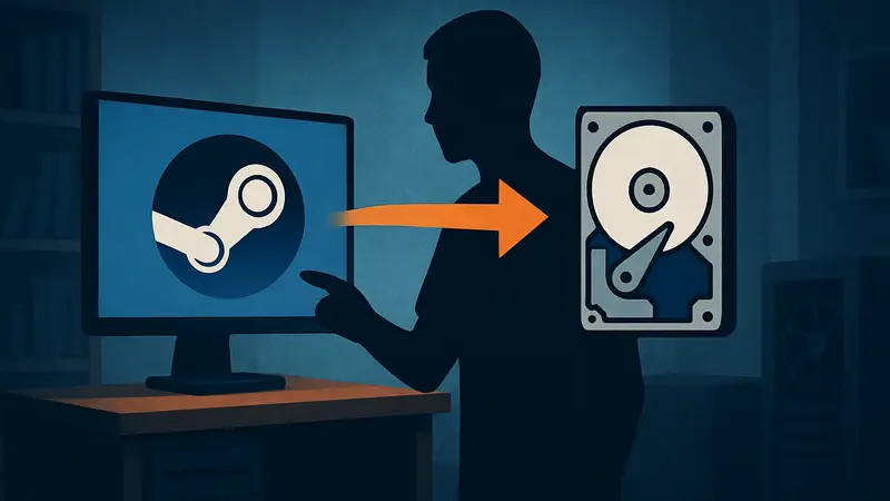 Иконка Steam и изображение жесткого диска, символизирующие перенос игр.