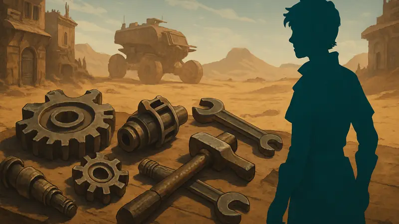 Игровая иллюстрация Sand: Raiders of Sophie с изображением механических деталей и инструментов