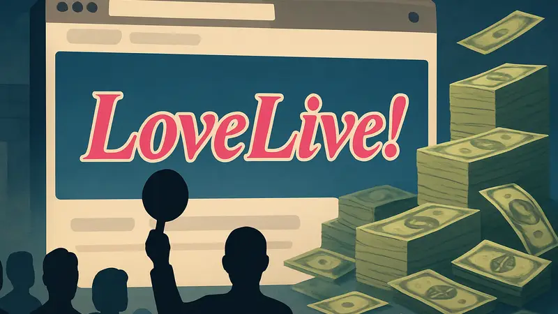 Логотип Love Live! на фоне веб-домена и денежных знаков, символизирующий аукцион и высокую ставку.