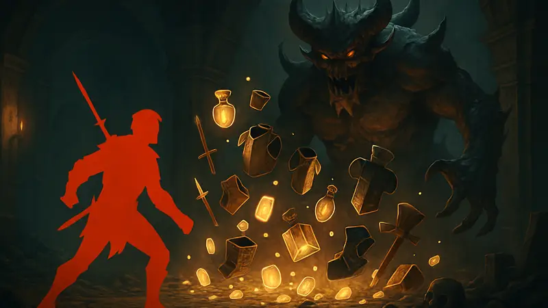 Герой Diablo 4 сражается с боссом, окружённым выпадающим лутом и снаряжением.