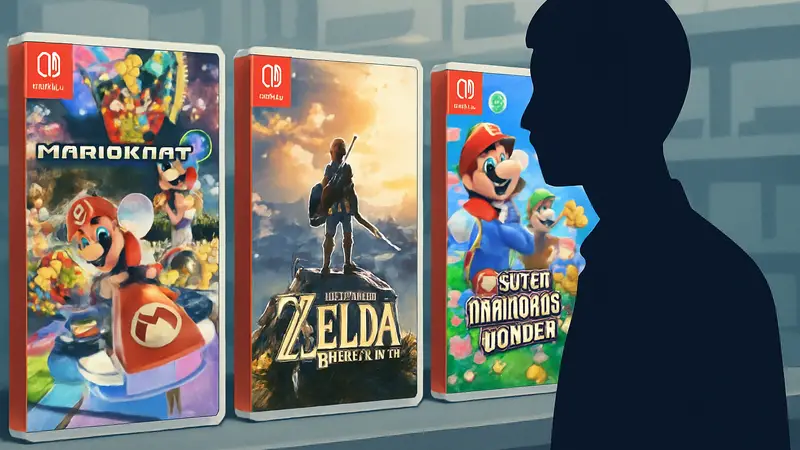 Обложки игр Mario Kart World, The Legend of Zelda: Breath of the Wild и Super Mario Bros. Wonder для Nintendo Switch.