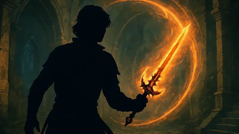 Персонаж из Baldur's Gate 3 держит Адскую Рапиру, окружённый магическим свечением