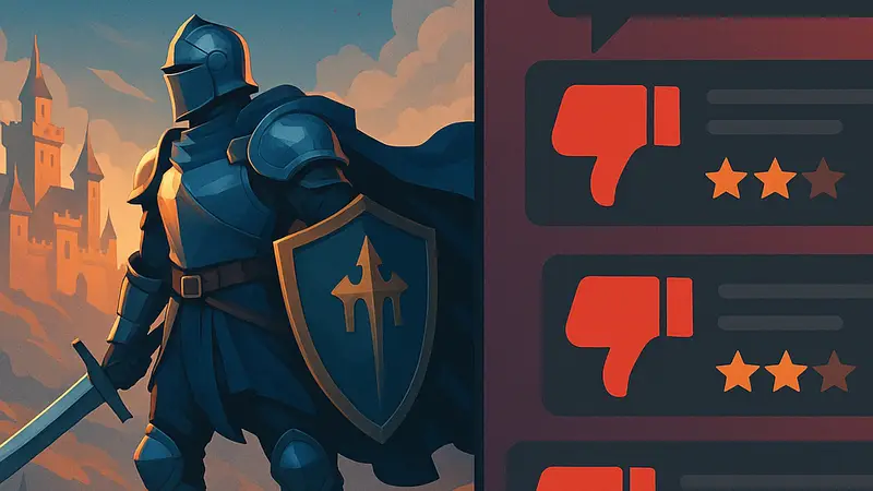 Изображение обложки или скриншота из игры Highguard на фоне негативных пользовательских отзывов